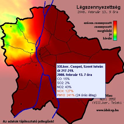 Légszennyezettség 2008. február 13-án Budapesten